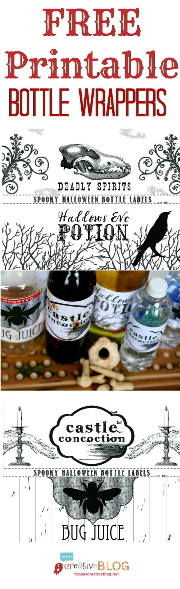 Printable Halloween Bottle Labels | Make you halloween party easy with these easy bottle labels! Get your download from TodaysCreativeLife.com