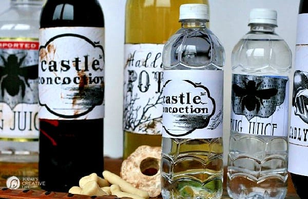 Wine and Water Bottles with Halloween Labels