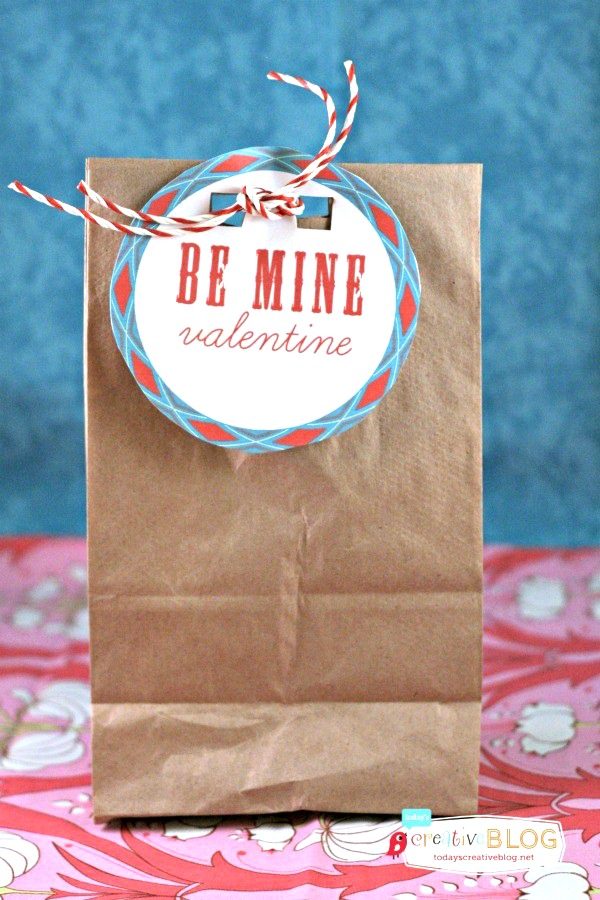 Valentine Printables used as a tag on a gift bag. Free printable gift tags.
