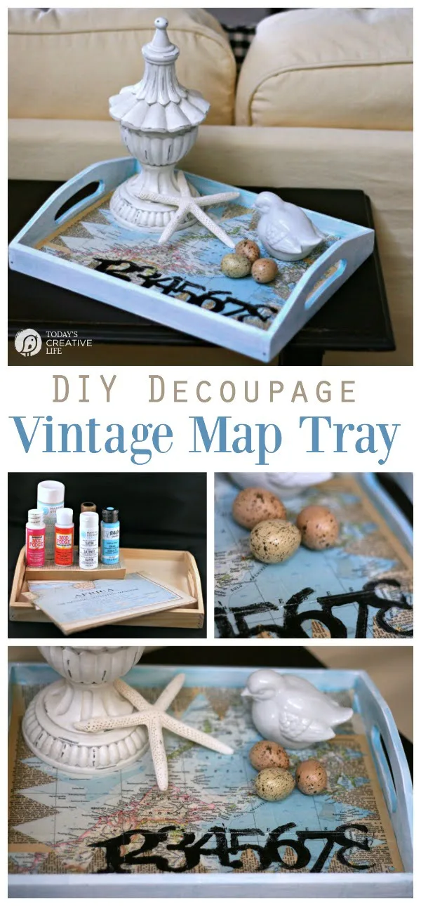 Decoupage How To : Step by Step tutorial on how to decoupage using mod podge. Make this vintage map serving tray for an easy DIY craft idea. TodaysCreativeLife.com