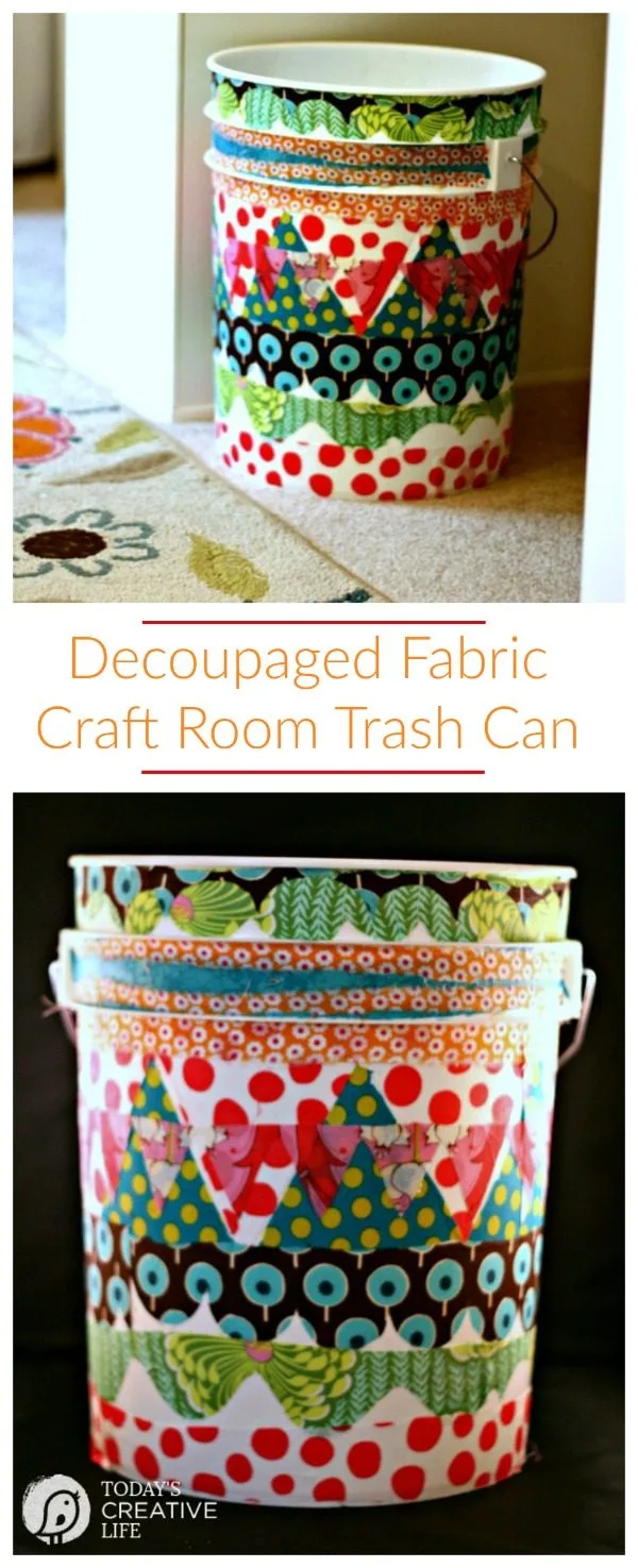 What to Decoupage | This great idea is a 5 gallon bucket turned craft room trash can! Get creative with Mod podge.