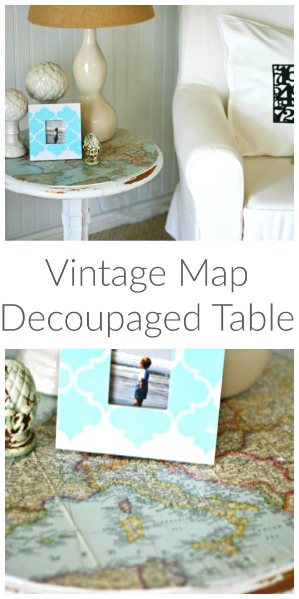 Photo collage of a small table with a vintage map decoupaged to the top. 