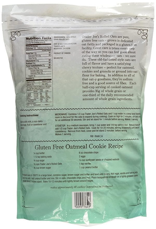 Trader Joes Oatmeal Bag backside with Gluten Free Cookie Recipe