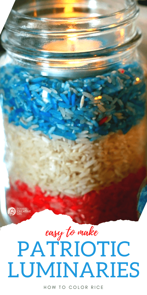 Memorial Day Crafts with layered red white and blue colored rice in a jar.