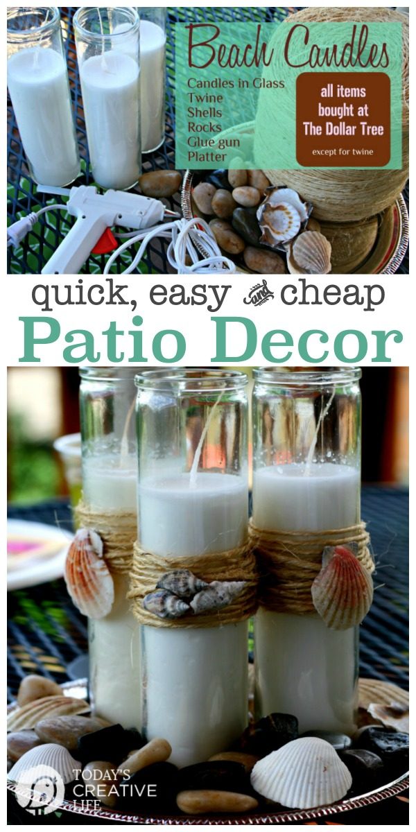 Nautical Beach Theme Candles |Easy Patio Decor | Easy Crafts for your outdoor entertaining all from the Dollar Store. See the tutorial on TodaysCreativeLife.com