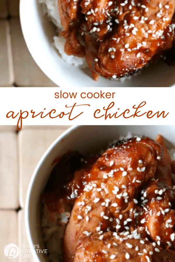 photo collage of slow cooker apricot chicken made with 3 ingredients. Onion soup mix, apricot preserves and French Dressing. 
