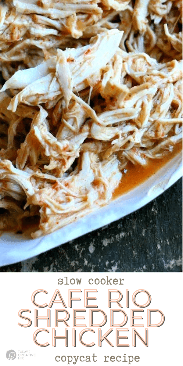 Shredded Chicken in white bowl. Cafe Rio Recipe for Shredded Chicken.