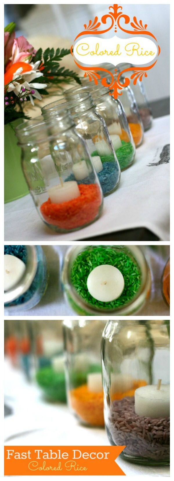 Colored Rice | Easter Table Decor using Mason jars and colored rice | How to color rice and create a quick table centerpiece for the holidays.