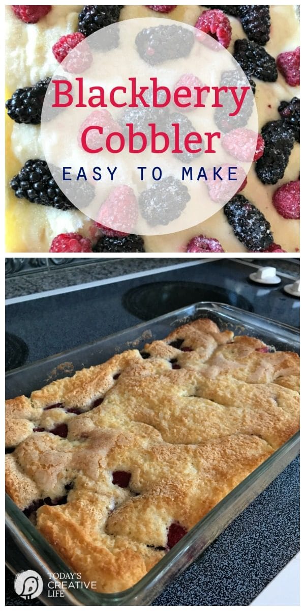 photo collage of a baked blackberry cobbler.