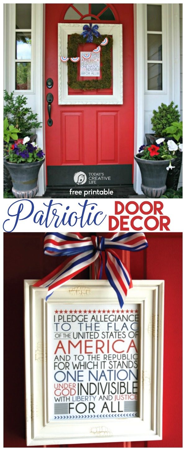 Patriotic Porch with Red Door and a 4th of July printable. 