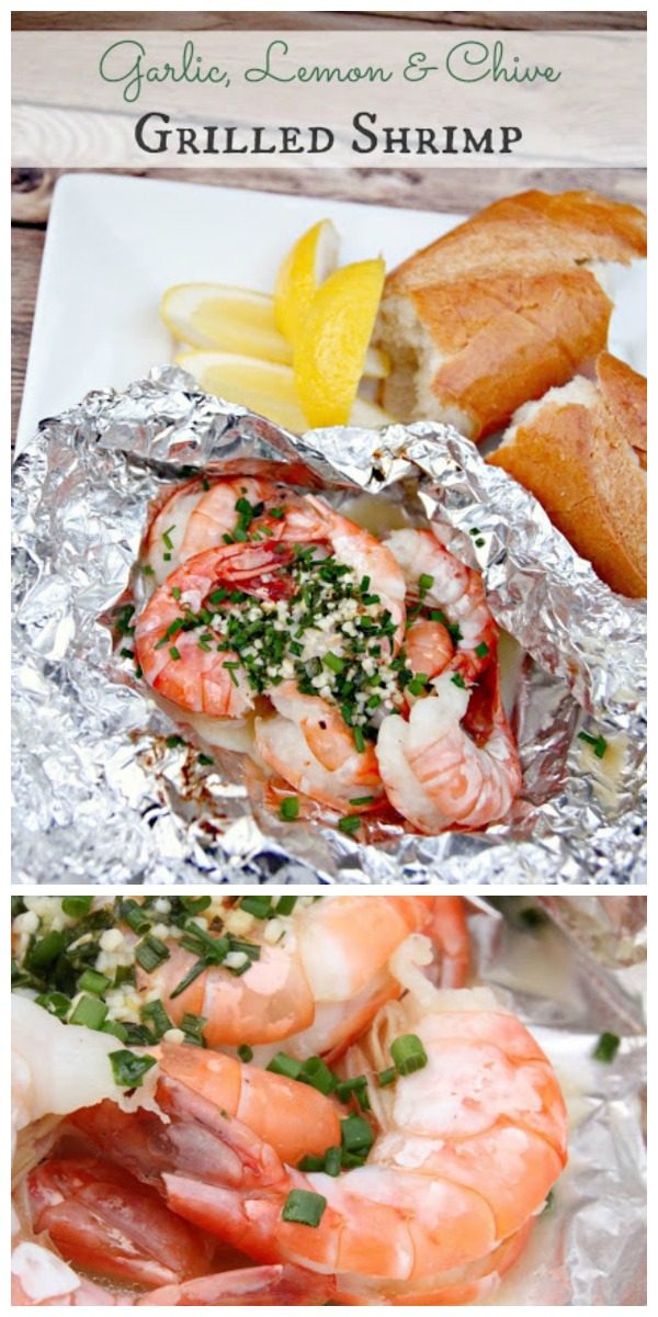 Grilled Shrimp Recipe with Lemon, Garlic and Chives in a tin foil pouch for grilling. 