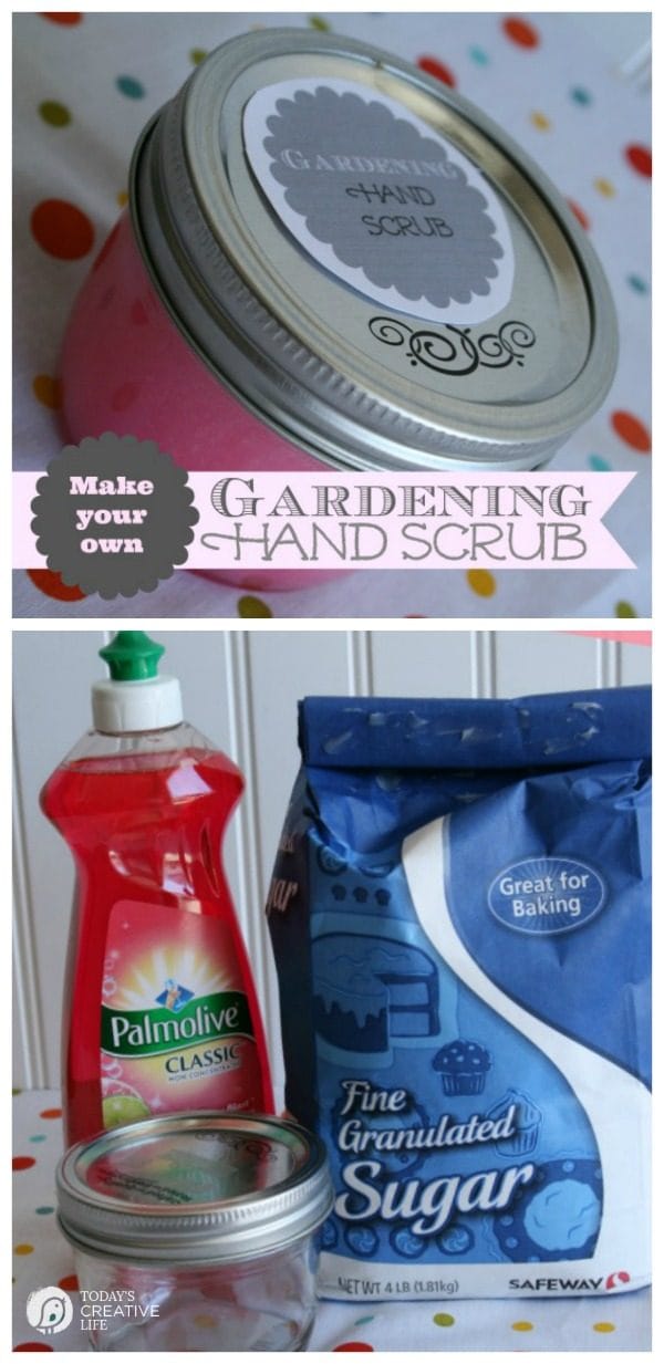 DIY Gardening Hand Scrub | Scrub those hands clean with this sugar hand scrub. Easy to make, with only 2 ingredients. Great for exfoliating dry hands too. This DIY hand treatment is your summer friend. See more on TodaysCreativeLife.com