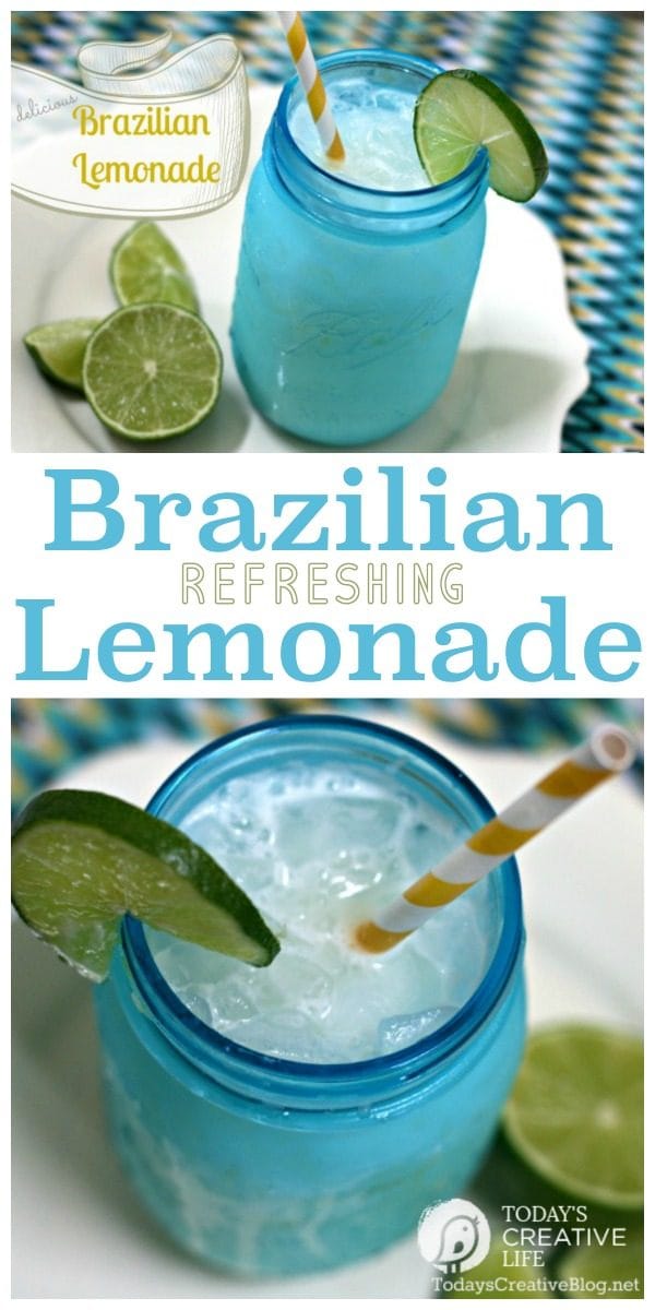 Brazilian Lemonade Recipe in a blue mason jar.