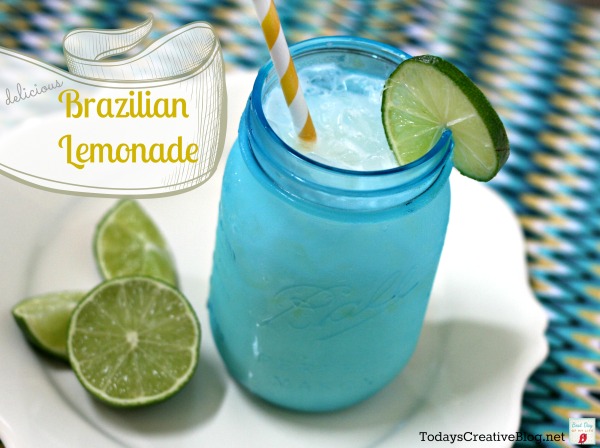 Brazilian Lemonade in a blue mason jar.