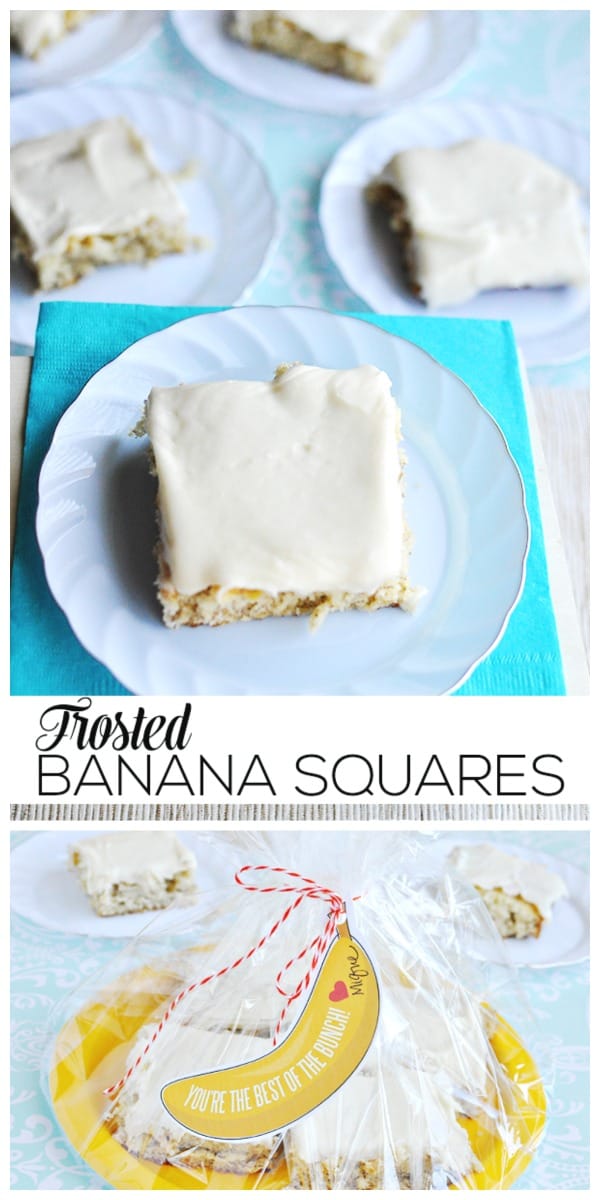 Frosted Banana Squares | Move over banana bread, there's a new banana dessert recipe to make! Add the free banana printable for a quick homemade gift idea. 30 Handmade Days for TodaysCreativeLife.com 