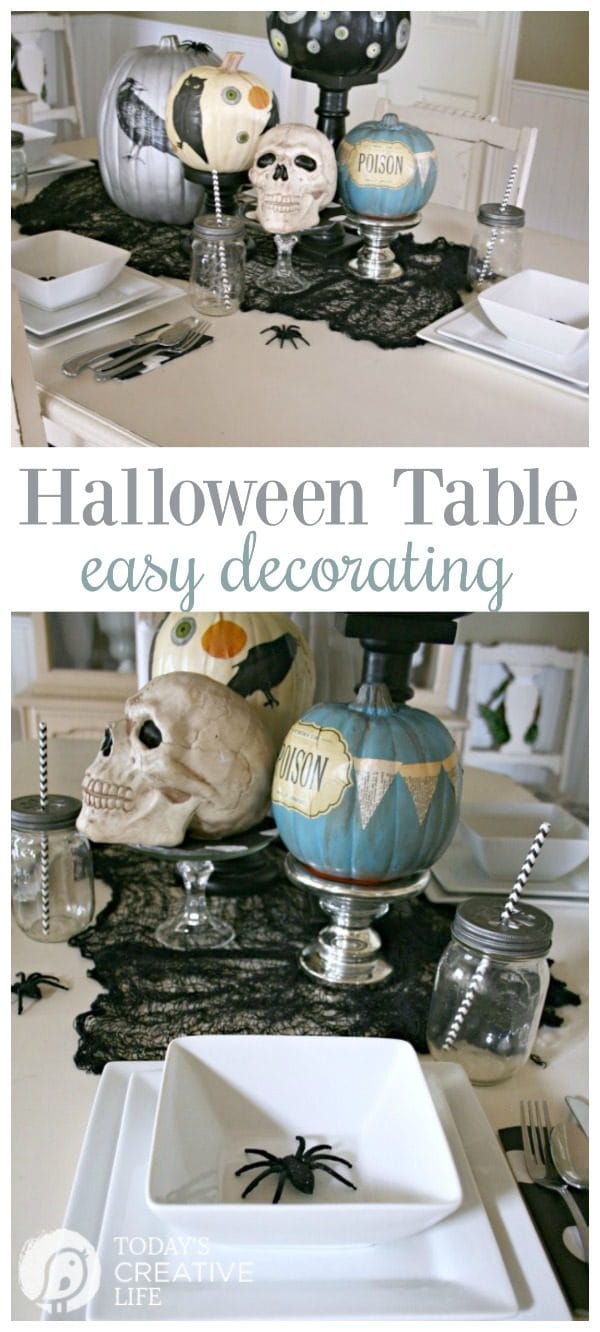 Easy Halloween Table Centerpiece | Halloween party decorating. No Carve Pumpkins | See more details at TodaysCreativeLife.com