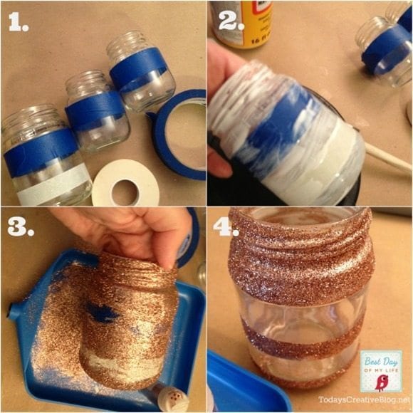 Photo Collage of making glittered jars