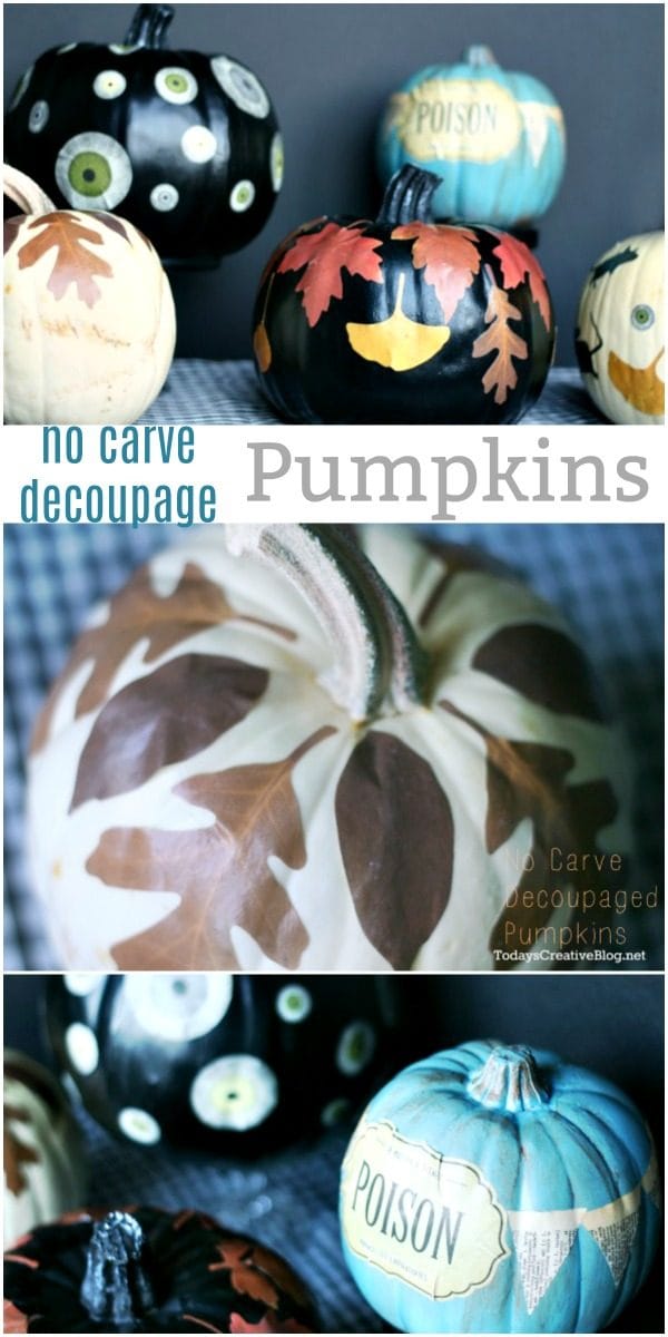 photo collage with a variety of no carve decoupaged pumpkins for Halloween and fall.