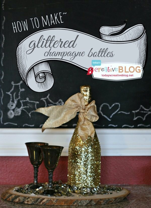 How to Make Glittered Champagne Bottles | Make this easy New Years Eve or Wedding decor with this simple tutorial. See more on TodaysCreativeLife.com