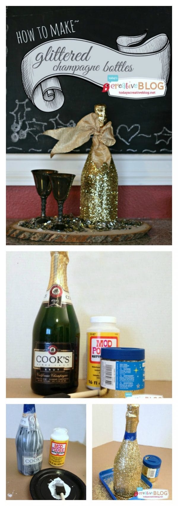 How to Glitter Wine and Champagne Bottles with Mod Podge 