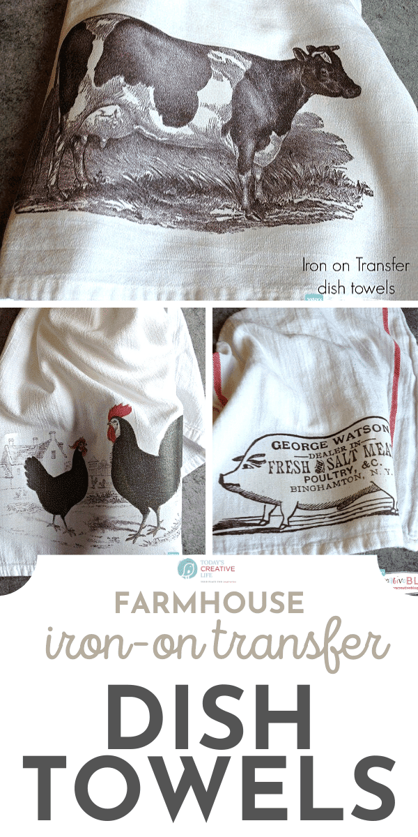 3 images of dish towels with farm animal designs using transfer paper