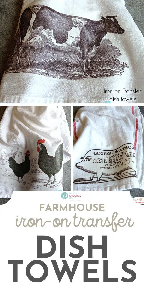 3 images of dish towels with farm animal designs using transfer paper