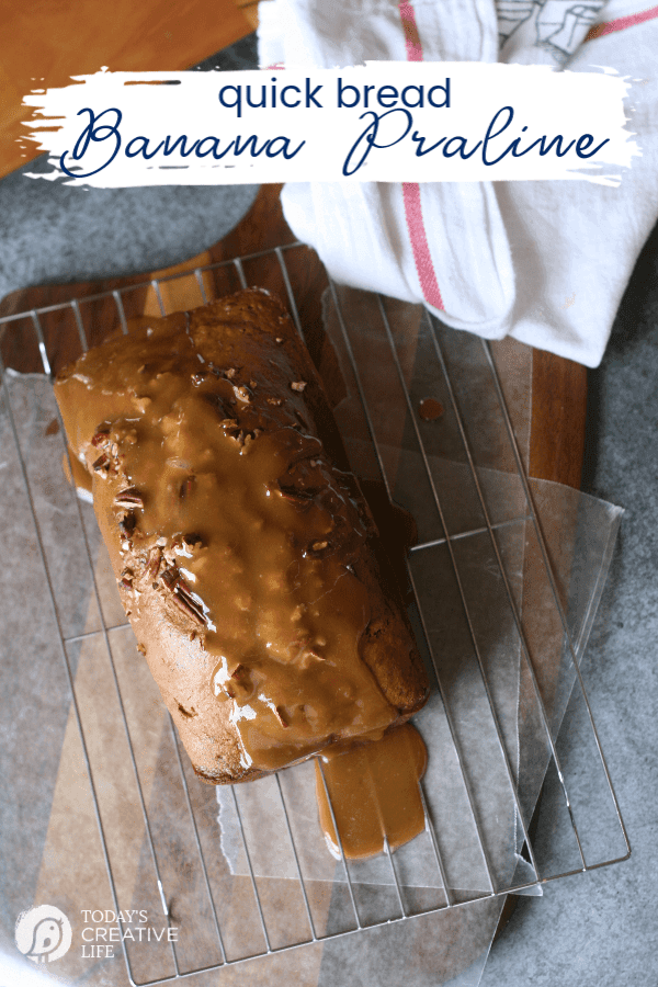 overhead photograph of banana praline bread with glaze 