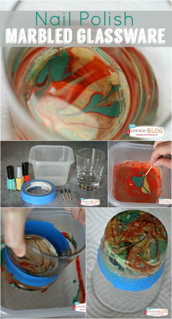 DIY Marbled Glassware Using Nail Polish|Create a marbled look using nail polish. Follow this easy tutorial on TodaysCreativeLife.com