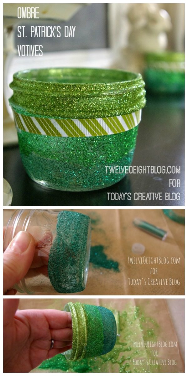 Ombre St. Patrick's Day Votives | St. Patrick's Day crafts and decorating with glitter. See more on Today's Creative Life