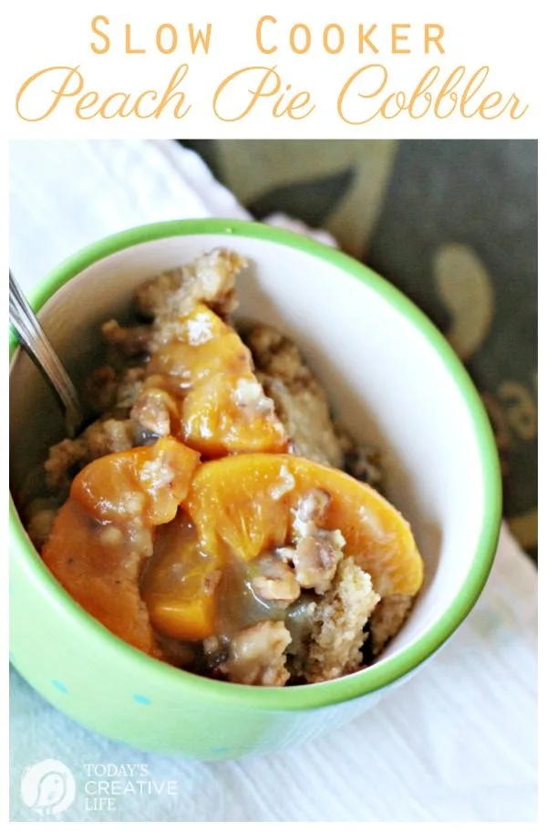 Crock Pot Peach Pie Cobbler | Slow Cooker Dessert ideas. Easy to make recipe for a crockpot sweet dessert. Find the recipe on TodaysCreativeLife.com 