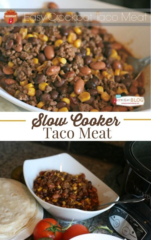 Easy Crockpot Taco Meat in a white serving bowl.