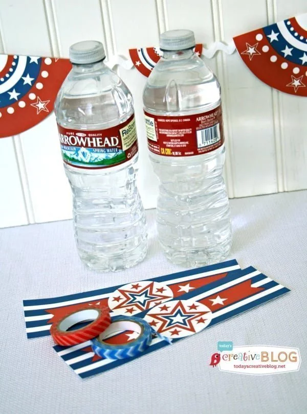 Printable Bottle Wrappers |Free Patriotic Printables | Red White and Blue, 4th of July, Fourth of the July Party Printables. Bottle Wrappers, Banners, Patriotic Door Decor | Click the photo for your free downloads. TodaysCreativeLife.com
