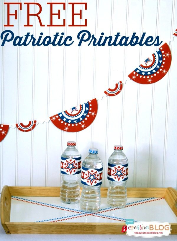 Free Patriotic Printables | Red White and Blue, 4th of July, Fourth of the July Party Printables. Bottle Wrappers, Banners, Patriotic Door Decor | Click the photo for your free downloads. TodaysCreativeLife.com