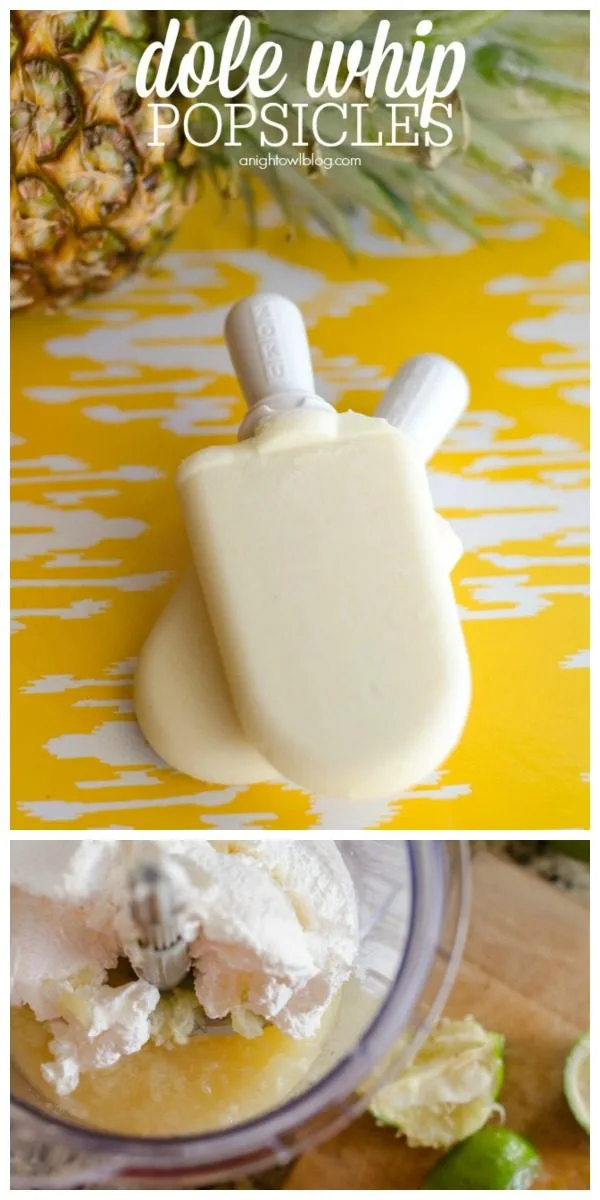 Dole Whip Popsicles Recipe | Make your own Disney Dole Whip in popsicle form! Pineapple popsicles with cool whip. Disney Copycat recipe Shared by A Night Owl Blog for TodaysCreativeLife.com Dole Whip Popsicles Recipe | Popsicles made with crushed pineapple, whip cream, lime juice and sugar.