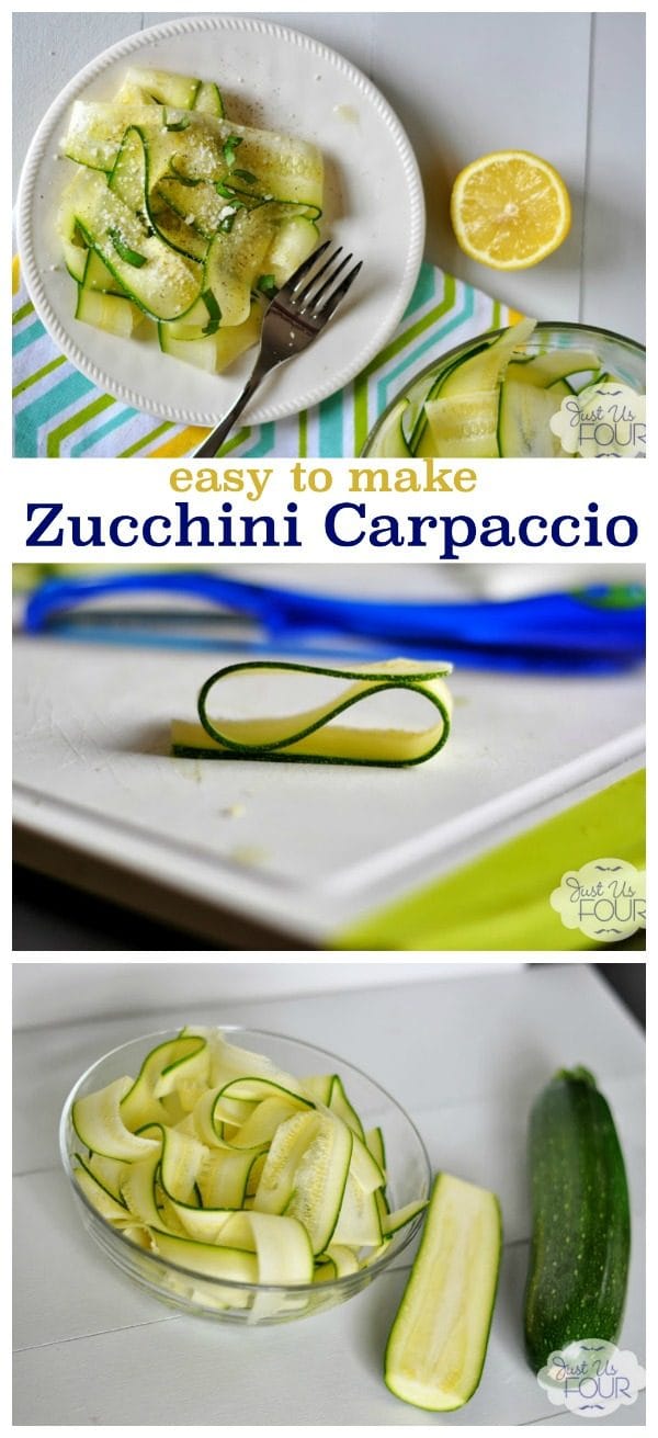 Zucchini Carpaccio Salad Recipe photo collage of sliced length wise zucchini in a bowl.