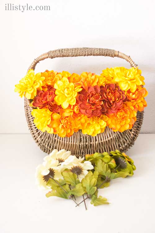 DIY Fall Floral Basket Door Decor | faux flowers in a basket for front porch fall decorating ideas on a budget