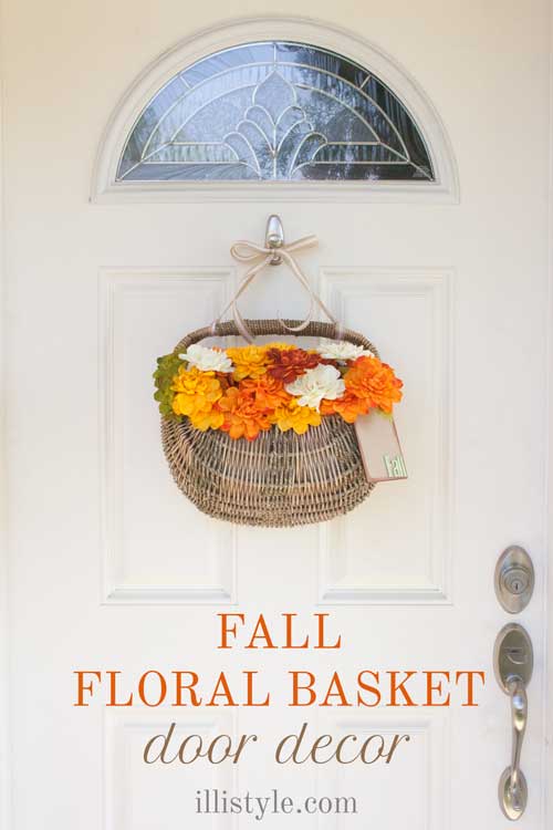 DIY Fall Floral Basket Door Decor | Brown basket with fall colored faux flowers inside. 