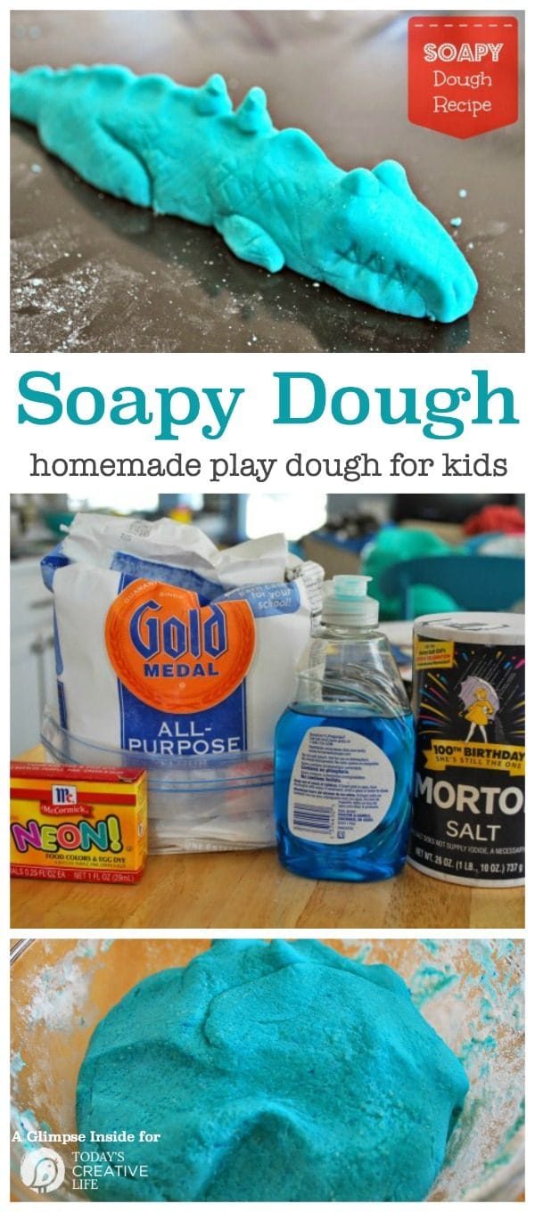 Photo collage of soapy dough play dough recipe. Kids crafting.