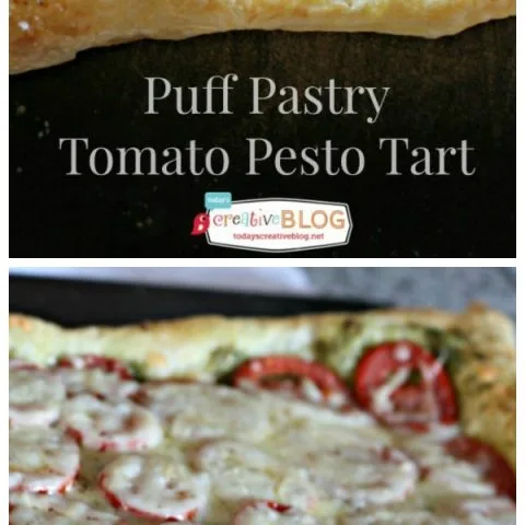 Puff Pastry Tomato Pesto Tart | Easy appetizer is your perfect finger party food. Quick to make, bursting full of flavor. Click the photo for the recipe from TodaysCreativeLife.com