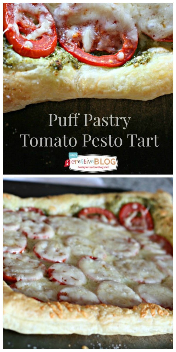 Puff Pastry Tomato Pesto Tart | This easy appetizer is your perfect finger party food. Quick to make, bursting full of flavor. Click the photo for the recipe from TodaysCreativeLife.com