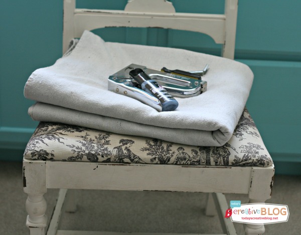 Supplies for recovering a Dining Room Chair | Painted Drop Cloths - Recovering Dining Chairs | TodaysCreativeBlog.net