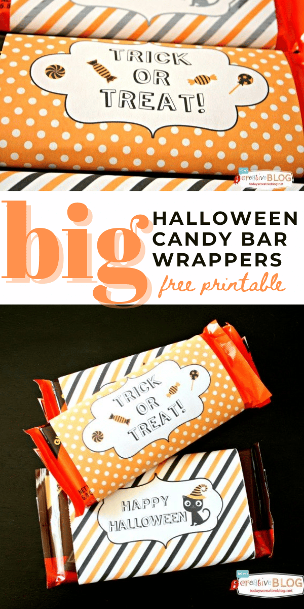 photo collage of orange, black and white printable Halloween candy bar wrappers. 