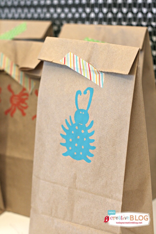 DIY Birthday Goodie Bags | Bug Stamped Party Bags |Find more creative ideas on TodaysCreativeBlog.net 