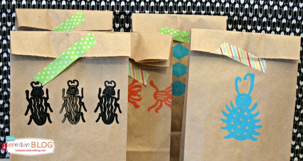 DIY Birthday Goodie Bags | Bug Stamped Party Bags |Find more creative ideas on TodaysCreativeBlog.net 