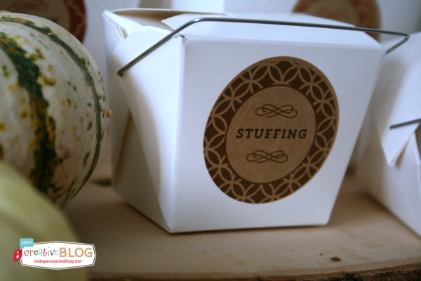 White take out box with round label for Stuffing. thanksgiving left over station |Thanksgiving Left Overs Printable Labels