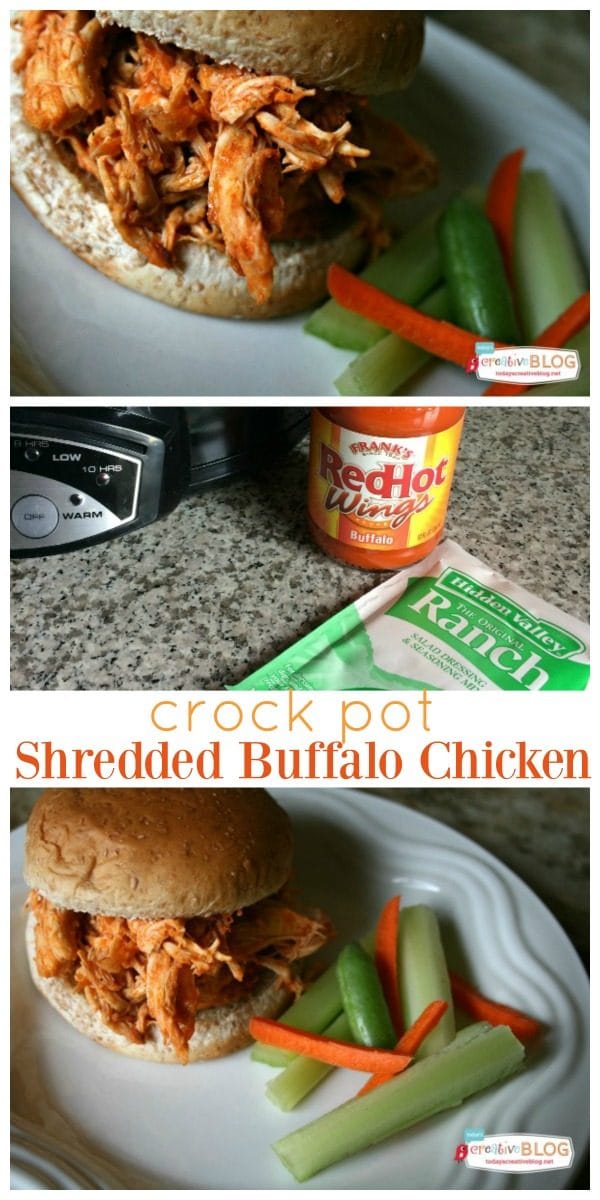 Photos of Crock Pot Shredded Buffalo Chicken Sandwiches served with celery and carrots. 