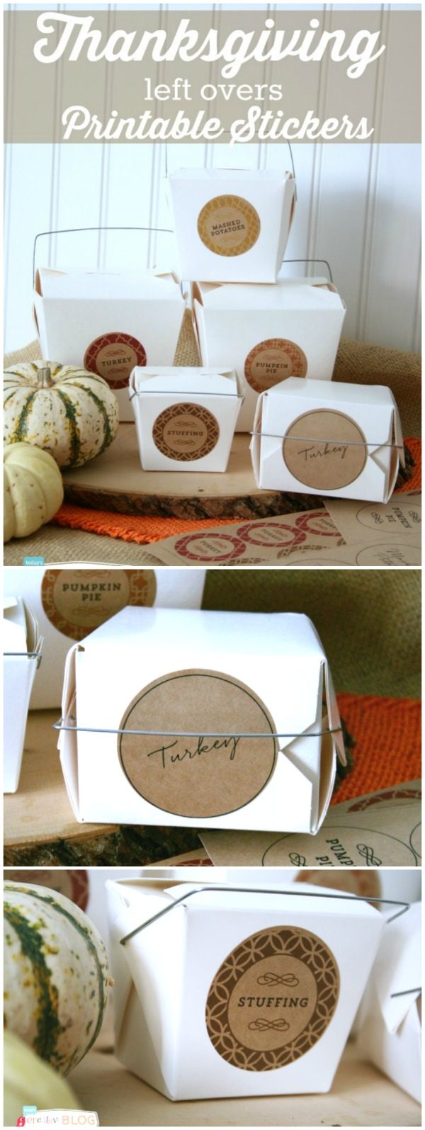 photo collage of white take out boxes with round labels for a thanksgiving left over station. Thanksgiving Left Overs Printable Labels