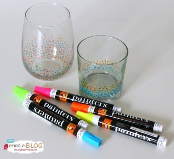 confetti painted glasses using neon paint markers.