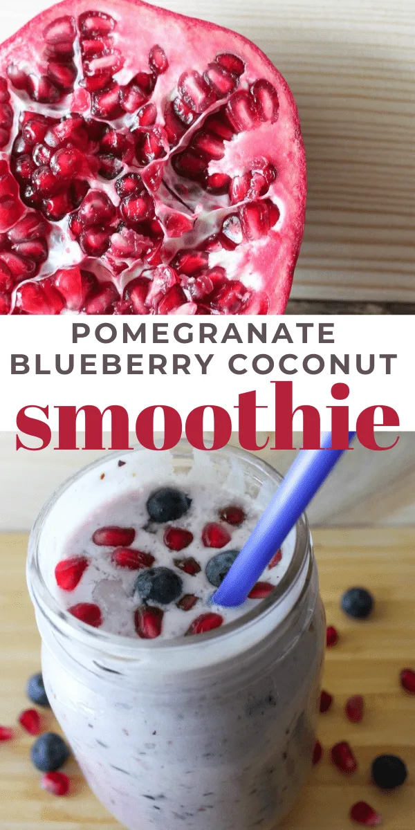 Pomegranate Blueberry Coconut Smoothie recipe served in a mason jar. 