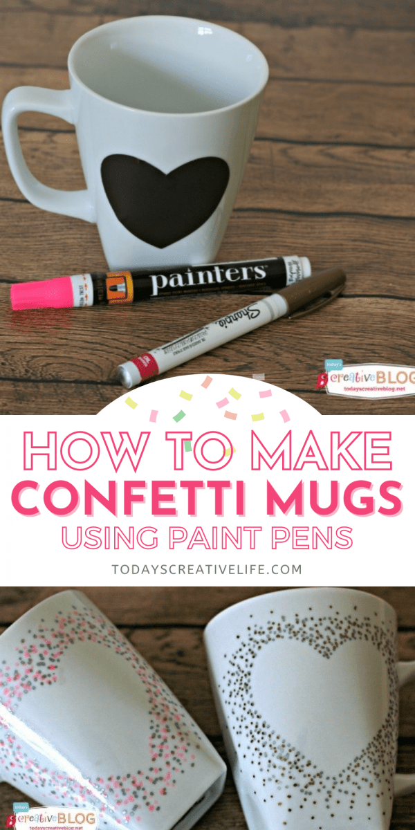 DIY Confetti Painted Heart Mugs - how to paint mugs with sharpie paint pens